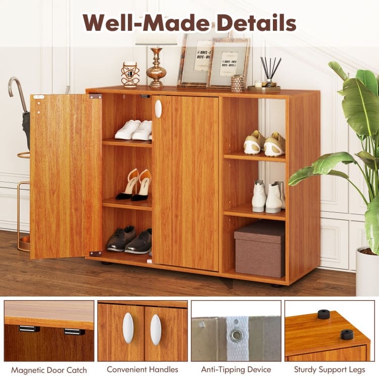 Shoe Storage Cabinet with Doors and Open Shelves Adjustable Wooden Entryway Organizer - 31.5" x 12" x 25.5"