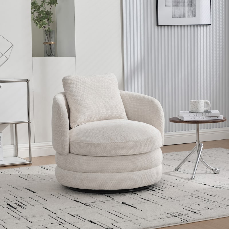 30"W Modern Round 360°Swivel Barrel Accent Chair with Pillow, Chenille Upholstered Comfy Barrel Armchair, Single Sofa Chair - Beige