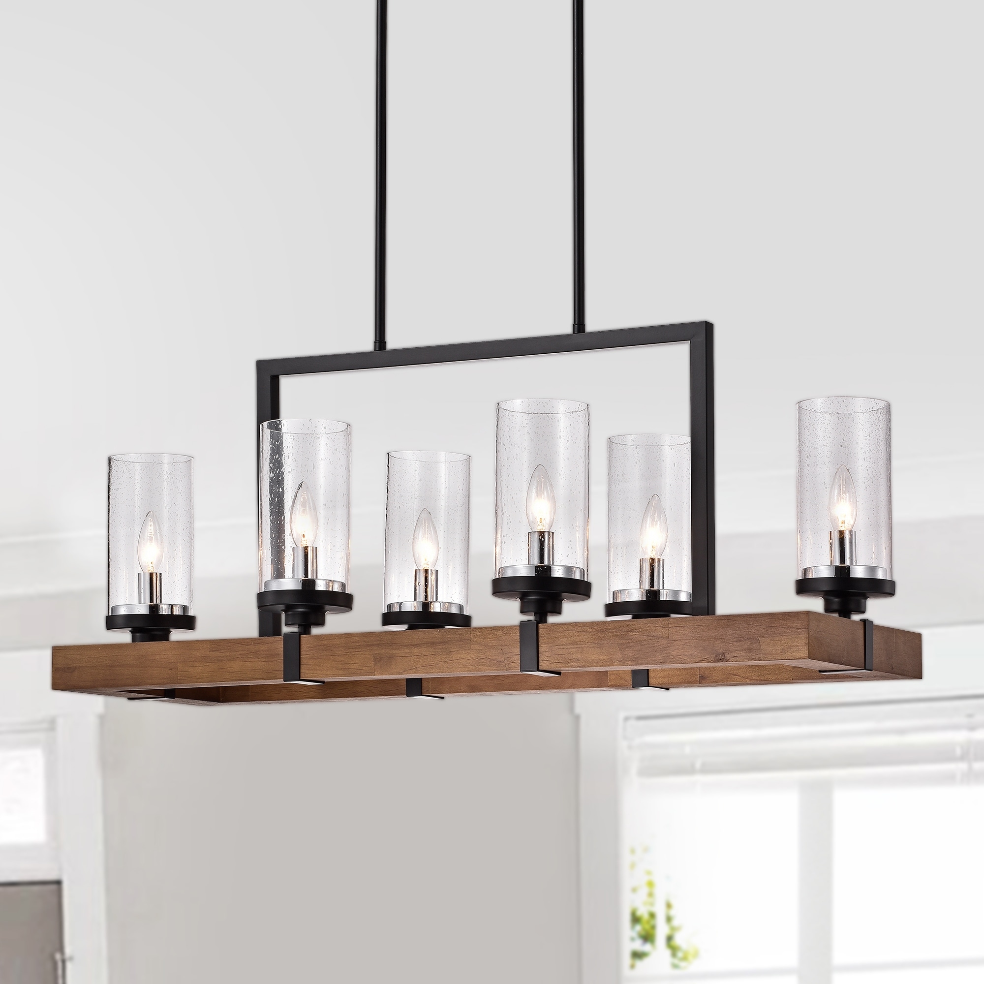 Warehouse of Tiffany Oak Wood and Black Metal 6-light Linear Frame Chandelier with Seeded Glass Shades