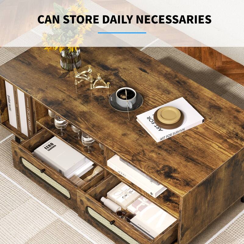 Mixoy Coffee Table, Mid Century Modern Coffee Table with 3 Open Shelves and 2 Storage Cabinets for Living Room - 47in*24in*20in