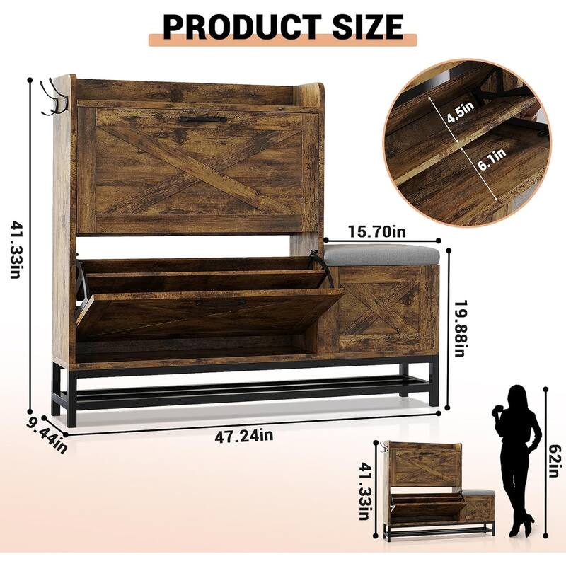 Shoe Cabinet with 2 Flip-Drawers & Storage Bench, Farmhouse Wood Freestanding Shoe Rack