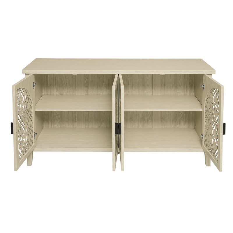 Roomfitters 4-Door Sideboard Buffet Cabinet, Carved Storage Cabinet with Adjustable Shelf, Natural