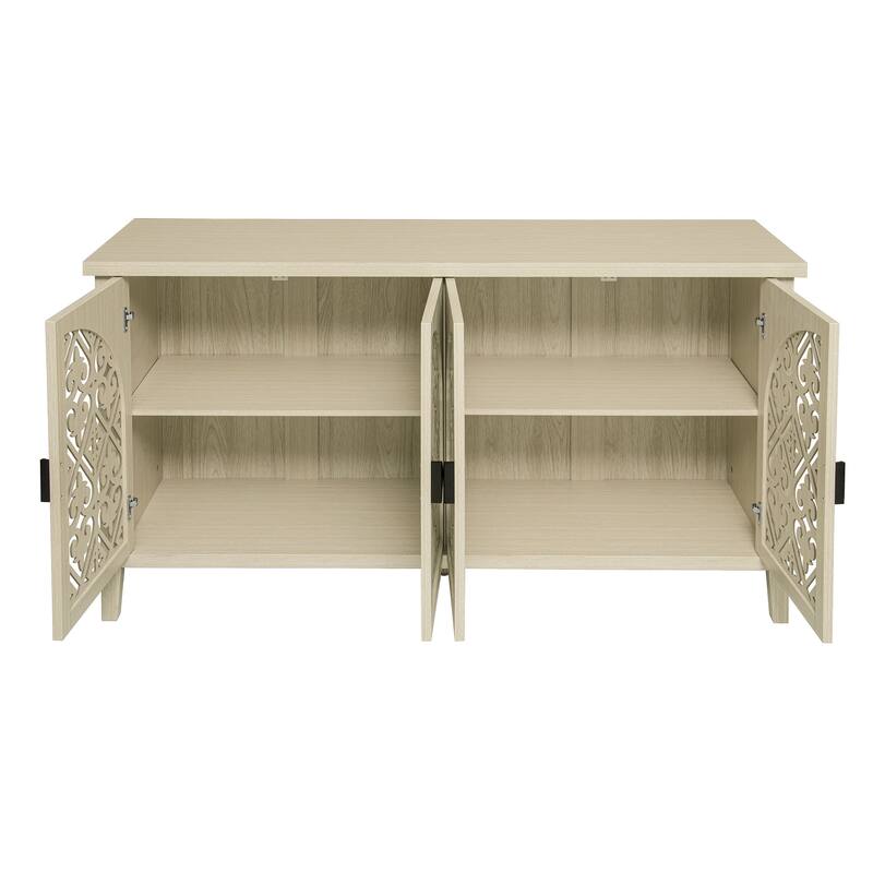 Symmetrical Carved Buffet, Storage Cabinet with Adjustable Shelves, Hollowed-out Accent Cabinet with Wood Feet