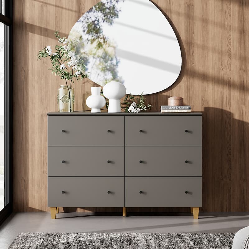 6 Drawers Dresser for Bedroom, Wooden Wide Chest of Drawers - Dark Grey - 6-drawer