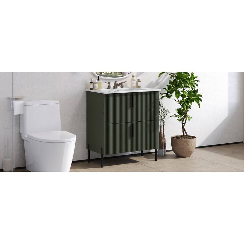 30" Bathroom Vanity with Ceramic Sink and Full-Extension Drawers, Soft Close Undermount Drawer Slides, Fluted Design