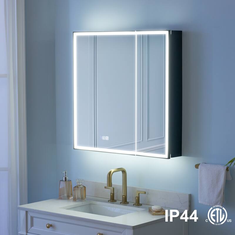 30'' H Recessed Or Surface Wall Mounted LED Mirror Cabinet With Mirror And Adjustable Shelves,Black Frame