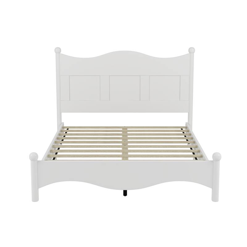 Queen Size Elegant Design Wood Platform Bed Frame, Retro Style Platform Bed with Wooden Slat Support, White