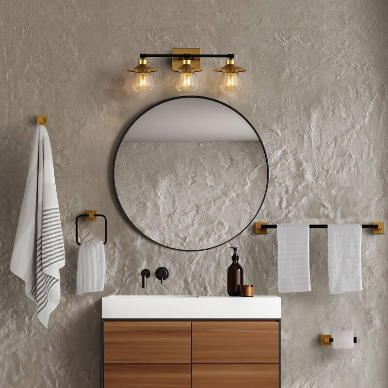 Hollis 24" 3-Light Industrial Farmhouse Vanity Light with Bathroom Hardware Accessory Set, (5-Piece) by JONATHAN Y