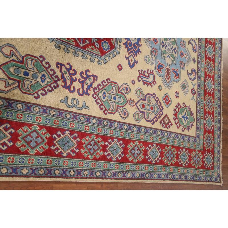 Hand Knotted Oriental 100% Wool Carpet Traditional Geometric Peach Kazak Area Rug - 9' 9'' X 6' 8''