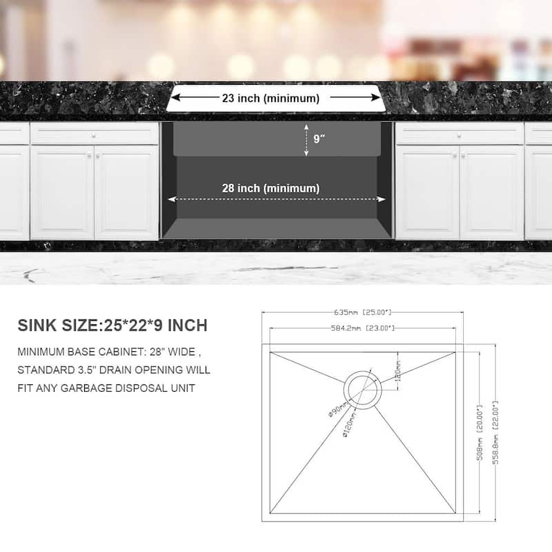 25" Undermount Kitchen Sink Deep Single Bowl Sink Stainless Steel