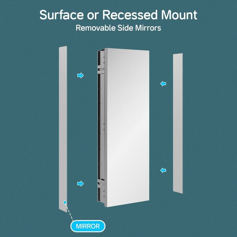 12x36" Tri-View Mirrored Medicine Cabinet with Soft-Close Blum Hinges, Recessed/Surface Mount, Reversible Door, Aluminum Body
