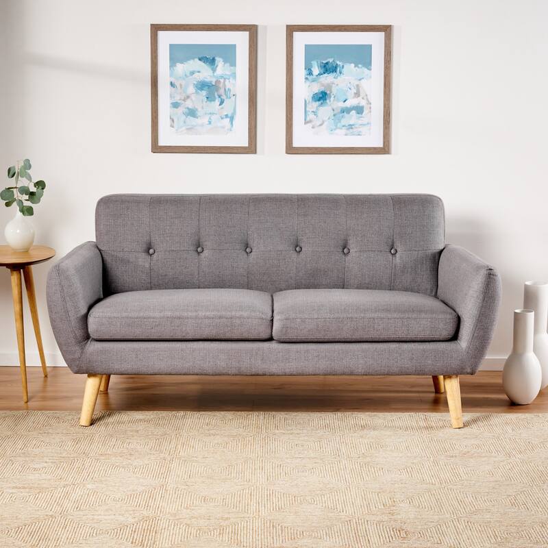 Dark Grey Fabric Loveseat for Small Spaces with Button - Tufted Backrest and Rubberwood Legs