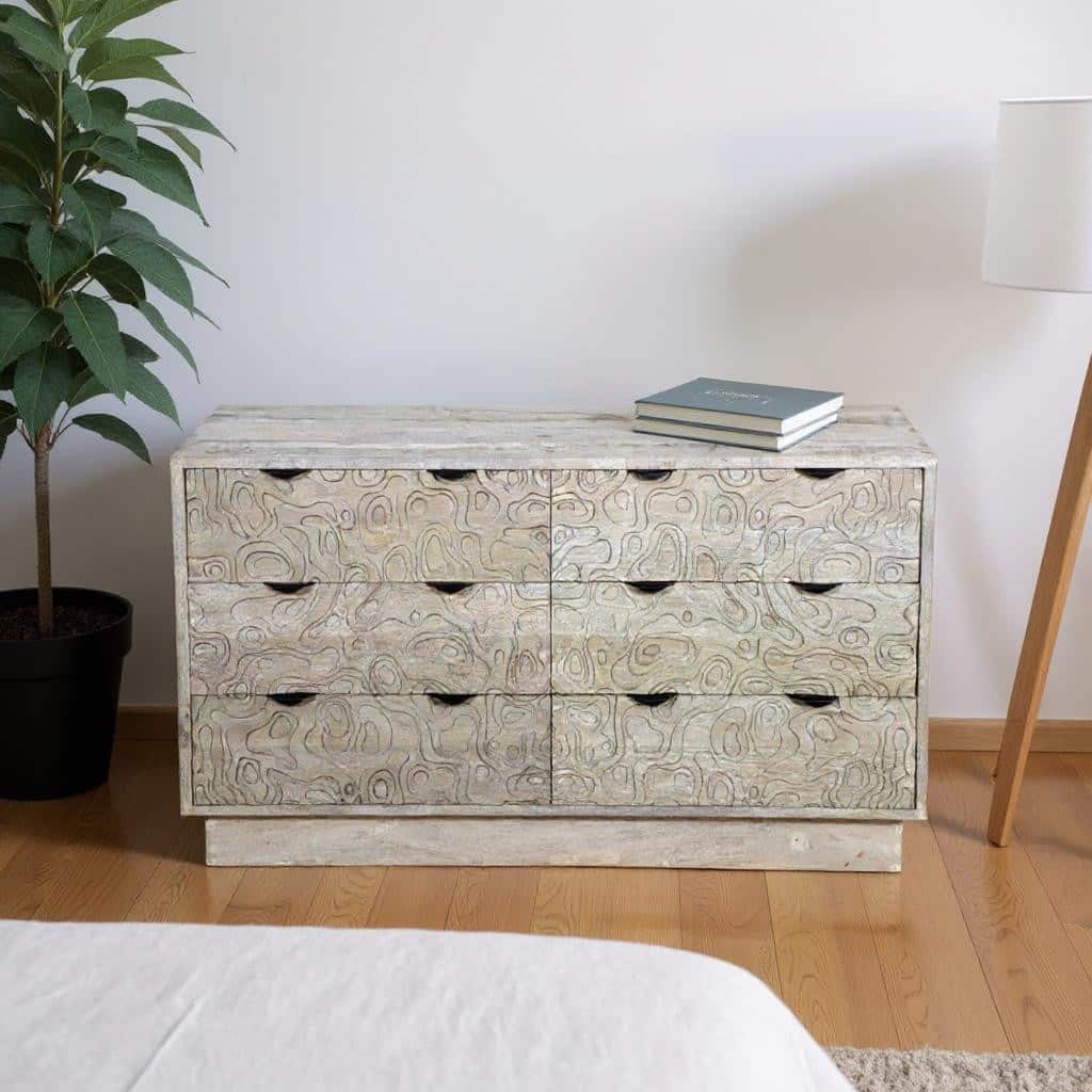 HomeRoots 57" Gray Carved Geometric Solid Wood Six Drawer Dresser