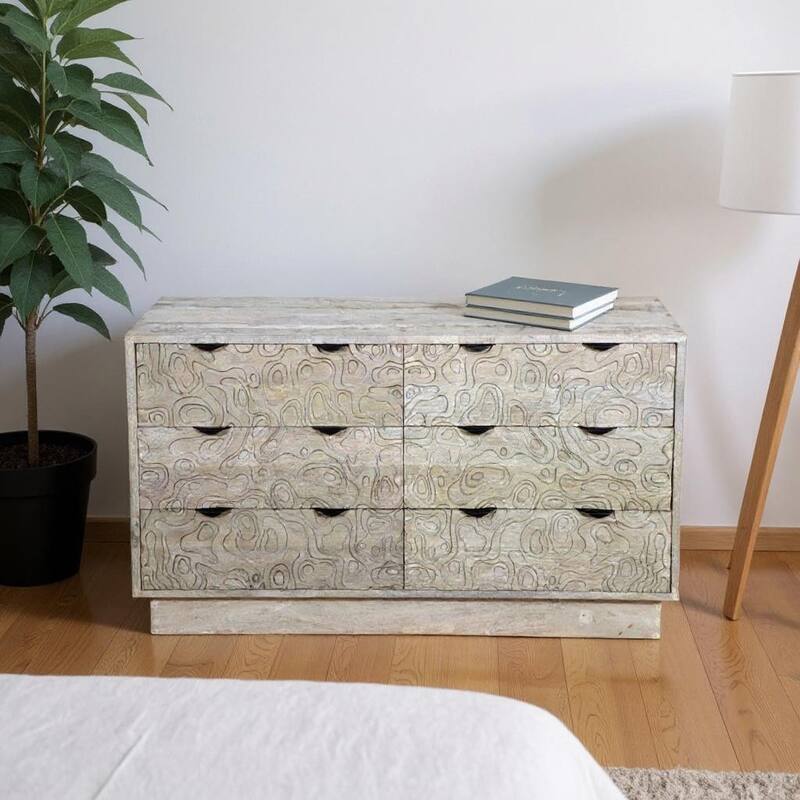 HomeRoots 57" Gray Carved Geometric Solid Wood Six Drawer Dresser - Gray - 6-drawer