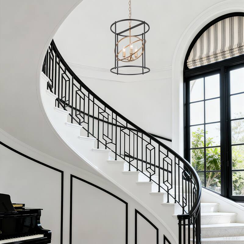 Modern 3-Light Black Gold Chandelier Cyliner Pendant for Kitchen Island - D14"x H17.7"