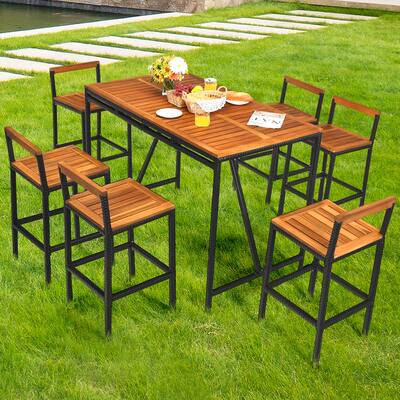 7pcs Outdoor Wood Bar Set Patio Rattan Dining Set with Umbrella Hole
