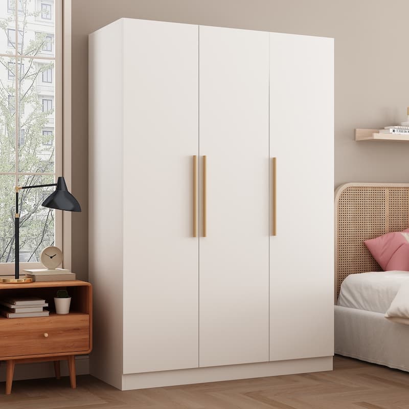 Timechee 47.2" Armoire Clothes Storage Solid Wood Handles Wardrobe White - White