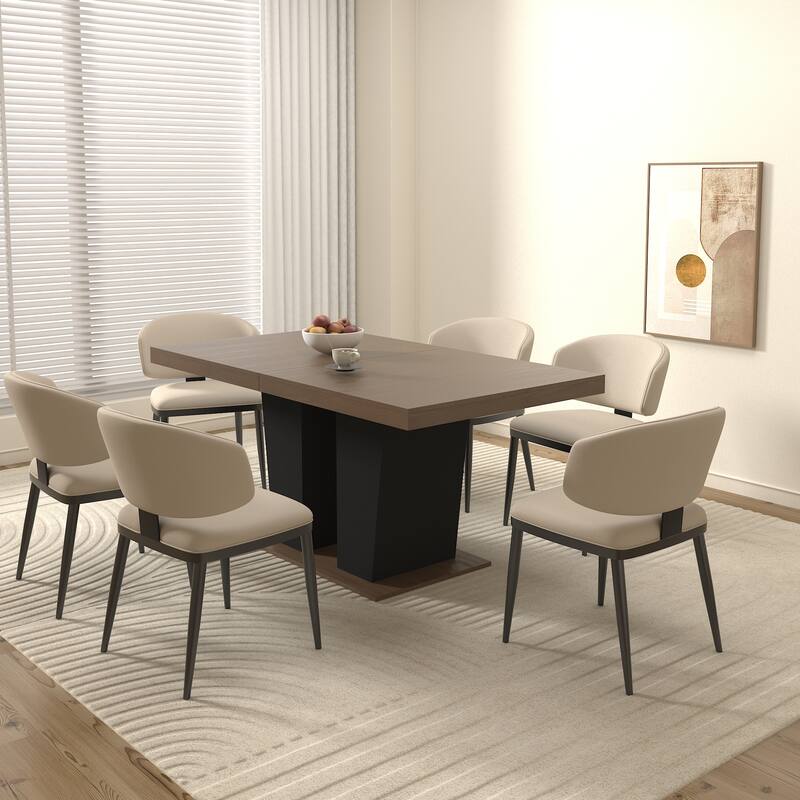 Wood Extendable Dining Table for 6-10 Person, Large Rectangle Expanding Dining Table with Black Double Pedestal Base