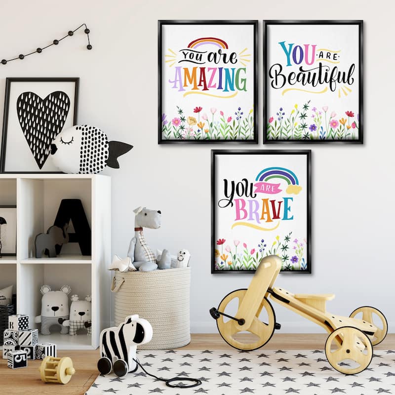 Stupell Confidence Sentiments with Florals Framed Floater Canvas Wall Art Design By Kim Allen (Set of 3)