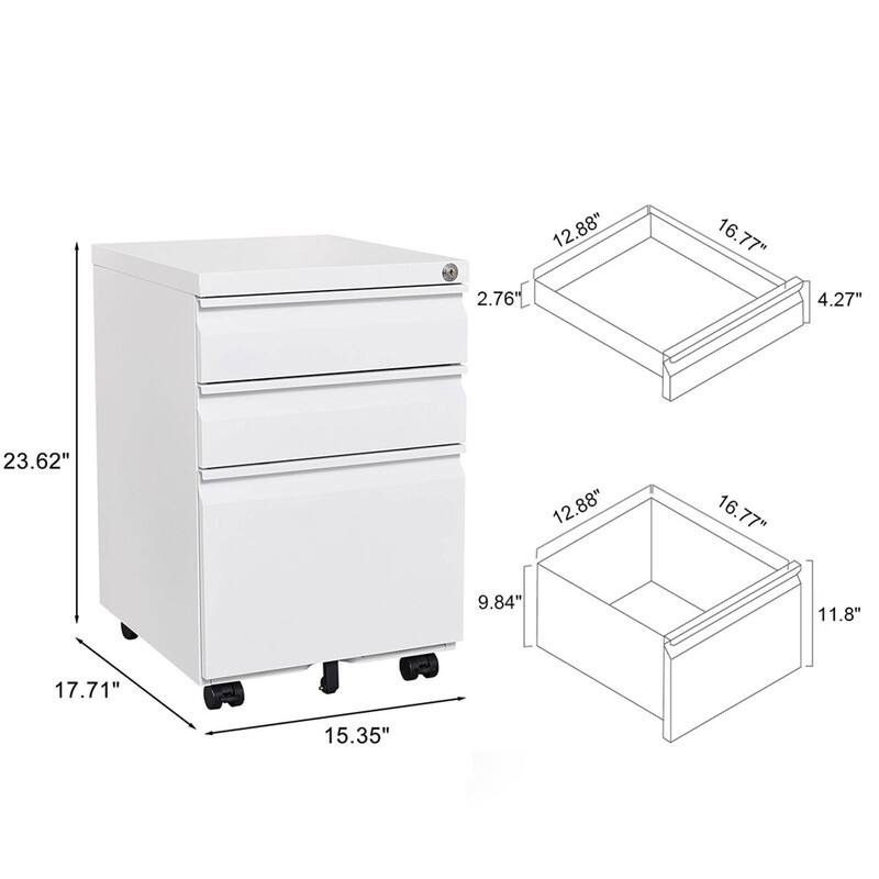 3-Drawer Lockable Rolling File Cabinet with Brakes - Legal/Letter Size, Requires Assembly