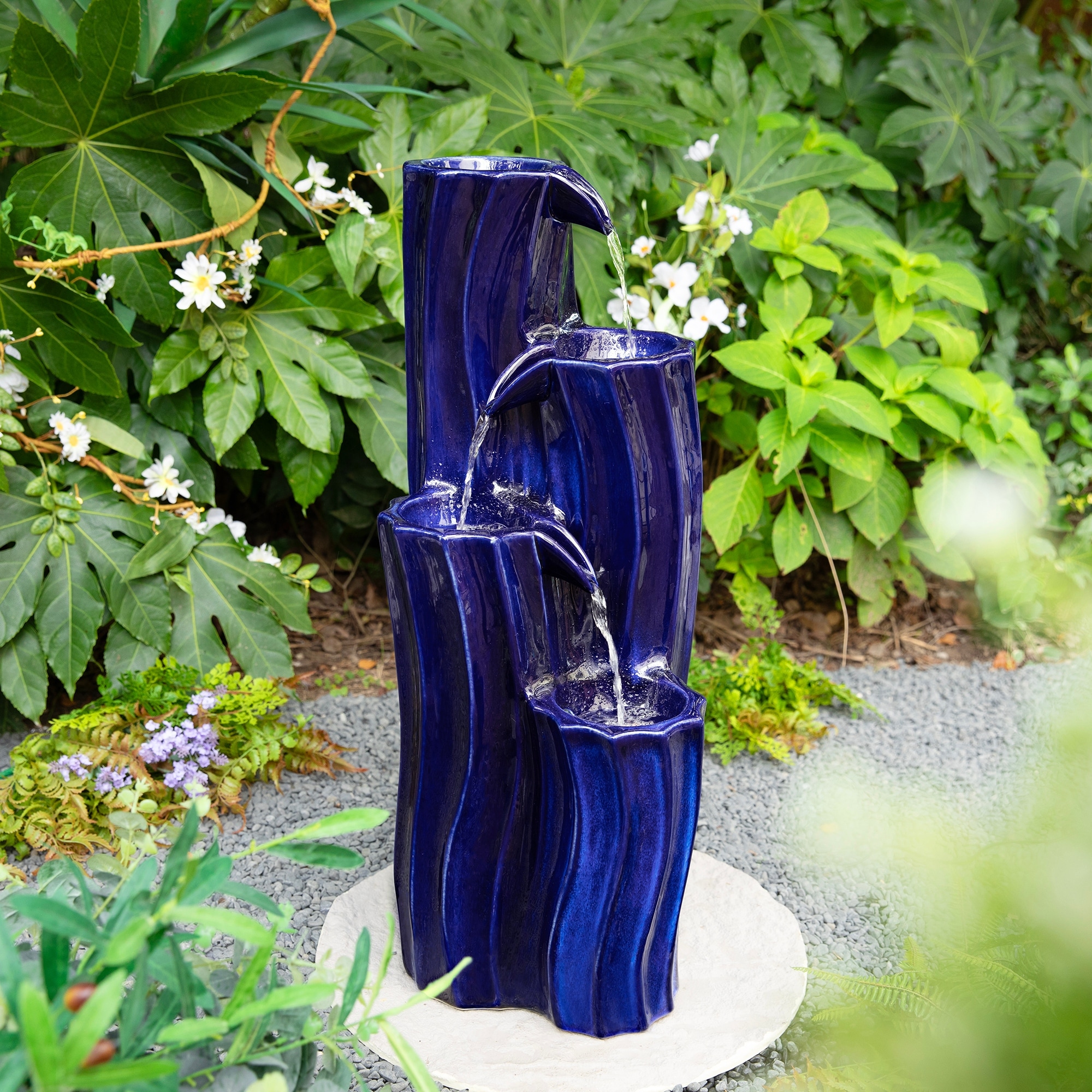Glitzhome 29.5"H 4-Tiered Wavy Textured Outdoor Ceramic Floor Fountain with LED Light