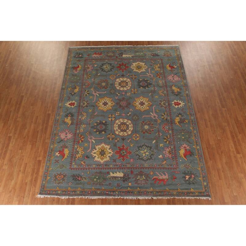 All-Over Floral Oushak Oriental Area Rug Hand-Knotted Wool Carpet - 9'1" x 12'0"
