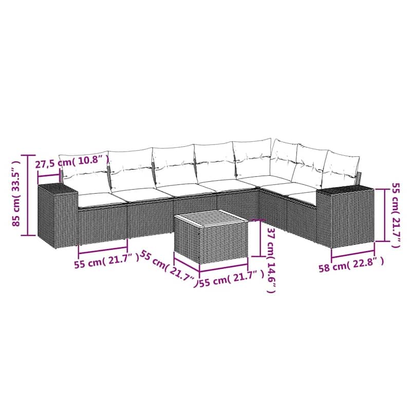 vidaXL Patio Sofa Set with Cushions Outdoor Furniture 8 Piece Poly Rattan - 24.4x 24.4x 27.2