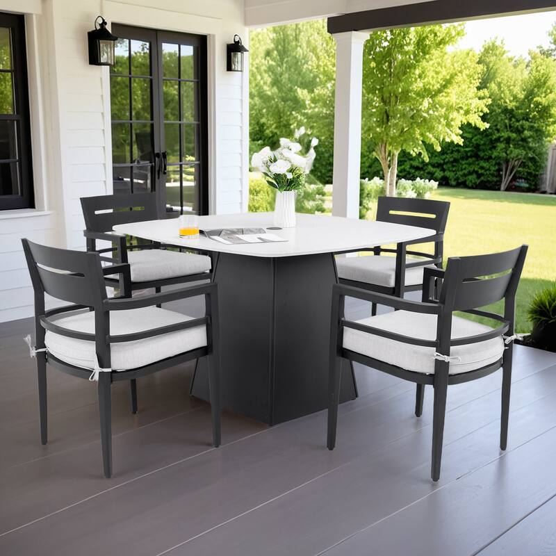 5PC Modern Patio Set - 44" Marble-Look Sintered Stone Table with Pyramid Base & 4 Sunbrella-Cushioned Chairs.