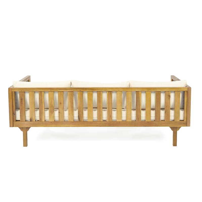 Acacia Wood Daybed with Rattan Arms Slat Paneling and Water Resistant Cushions