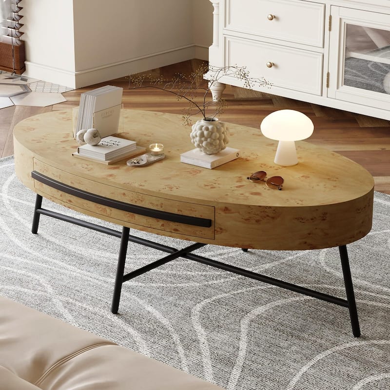 Oval Coffee Table with Drawer, 47.2" Mid-Century Modern Center Table, Wooden Coffee