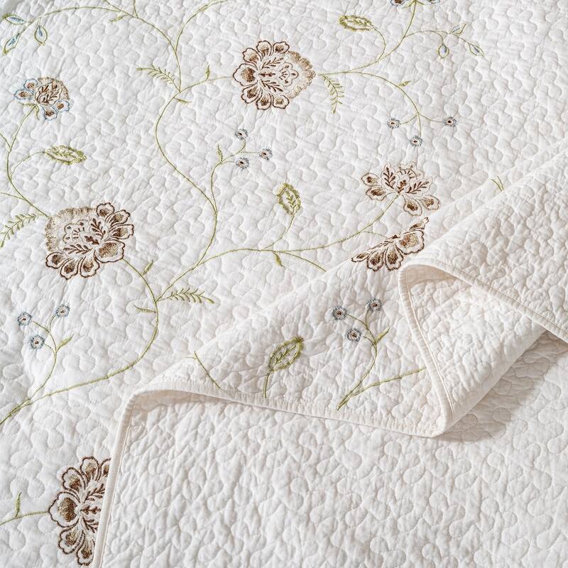 All Cotton Floral Embroidered Quilt Set, Washed, Lightweight, 3 Piece Bedding