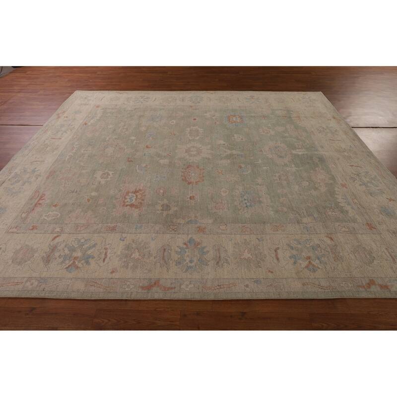 Green Floral Oushak Vegetable Dye Area Rug Handmade Wool Carpet - 8'2" x 9'9"