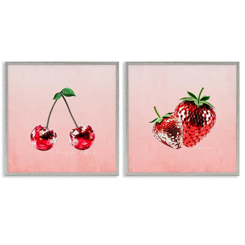 Stupell Happiness & Love Disco Fruits Framed Giclee Art Design By Kim Allen (Set of 2) - 12 x 12 - Grey