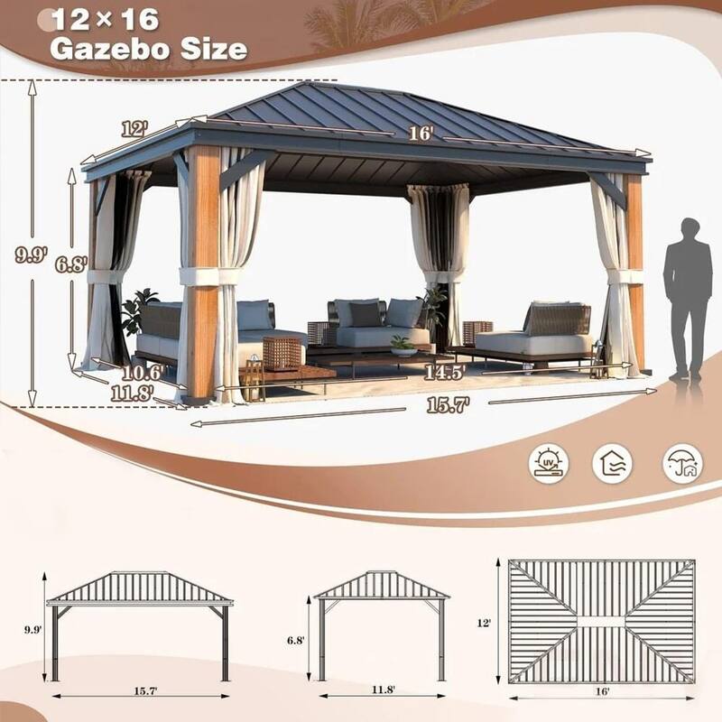 Erommy Pro Series Outdoor Galvanized Steel Roof Gazebo Pergola w/ Aluminum Frame & Vertical Rain Cutter