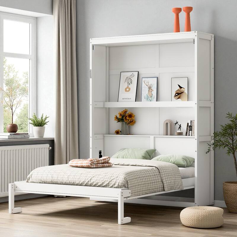 Full Size Murphy Wall Bed with Shelves, Foldable Bed with Slat Support and Storage Cabinet, Space-Saving Bedroom Furniture