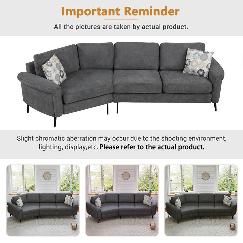 111" Chenille Curved 3-Seater Sofa with Removable Patterned Pillows