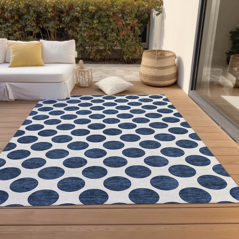 Machine Washable Indoor/ Outdoor Polka Dots Chantille Rug - Navy - 10' x 14'