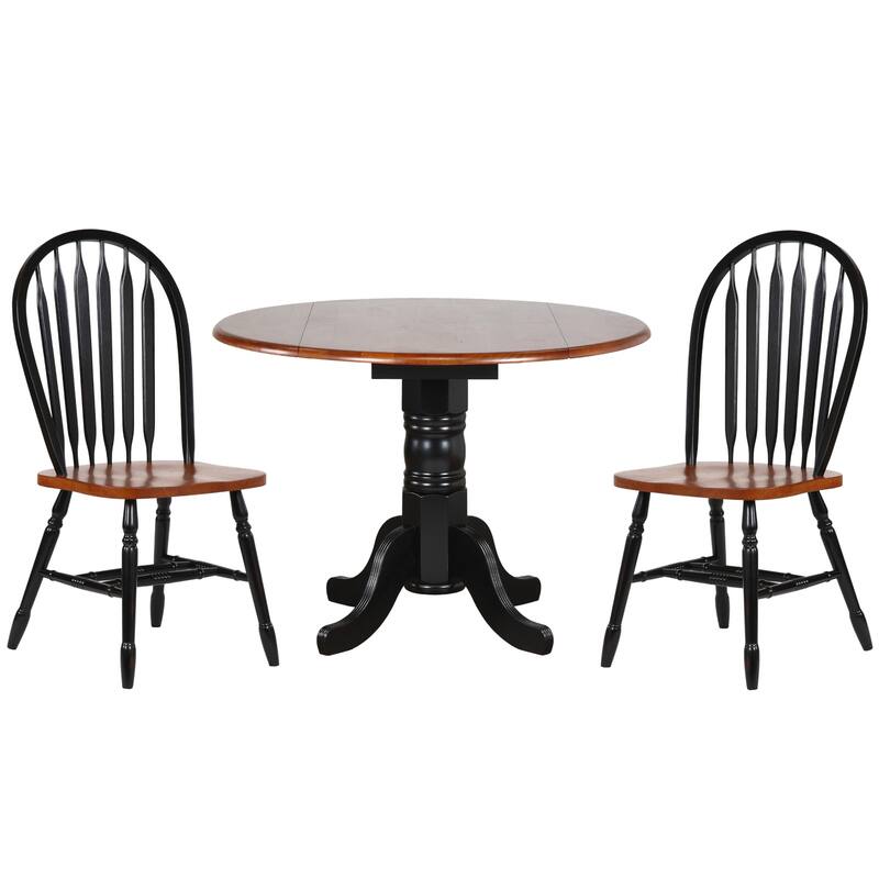Round Extendable Dining Set - 42" Table with 2 Retro Chairs - Black Cherry Finish