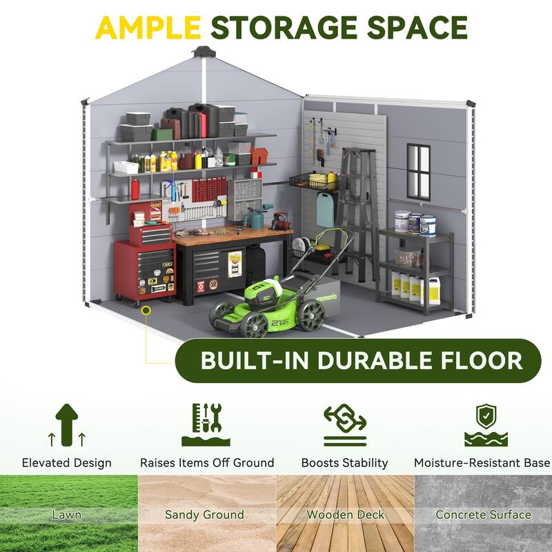 EROMMY Outdoor Storage Shed with Built-In Floor, Lockable Double Doors & Sloped Roof, Gray/Black