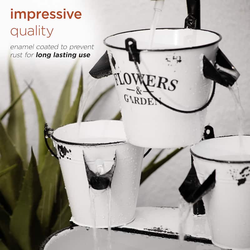 Alpine Corporation 36" Outdoor Floor Buckets with Faucet Water Fountain Vintage, Charming Fountain for Patio & Yard, White
