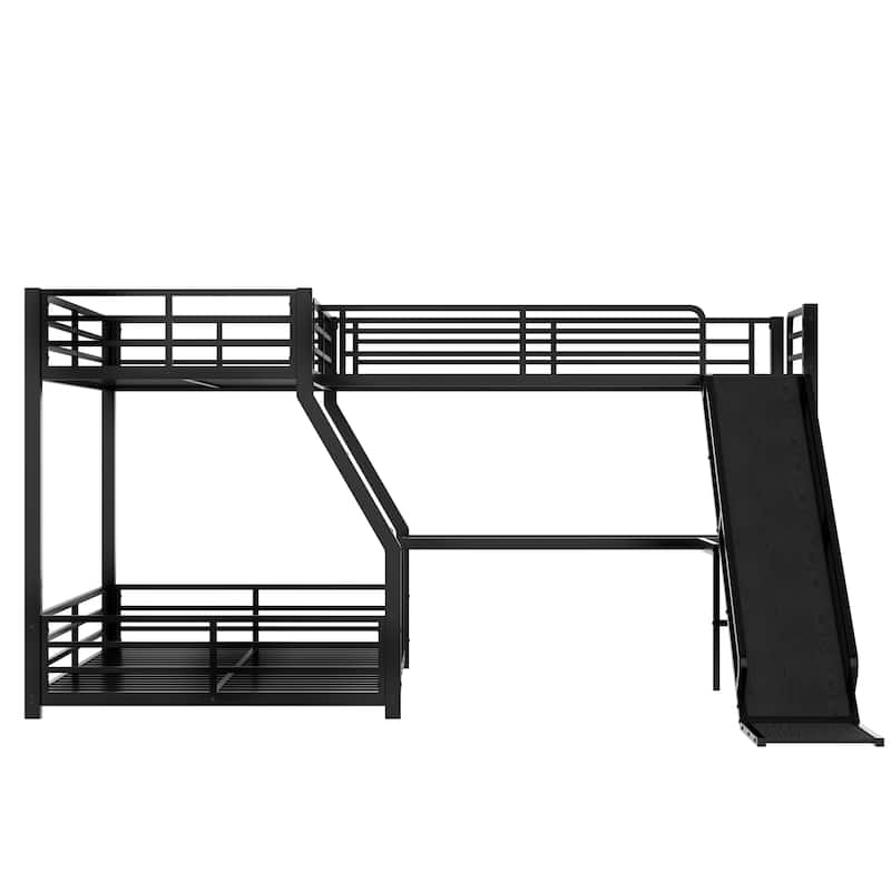 Roomfitters L-Shaped Twin over Queen/Full Metal Triple Bunk Bed with Twin Loft, Slide & USB Ports, Space-Saving Noise-Free Frame