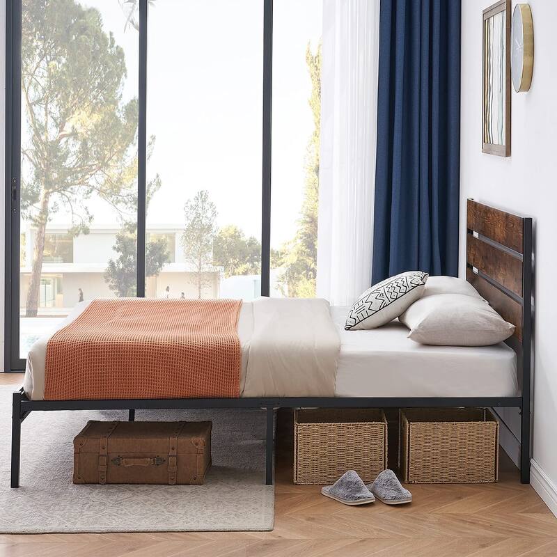 Twin Size Metal Platform Bed Frame with Headboard and and Footboard, No Box Spring Needed Sturdy Wooden Slats Support