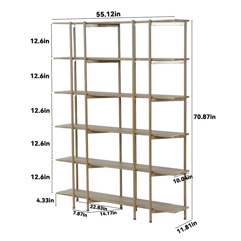 71-Inch Tall Bookshelf, 55'' Wide 6-Tier Bookcase with Metal Frame