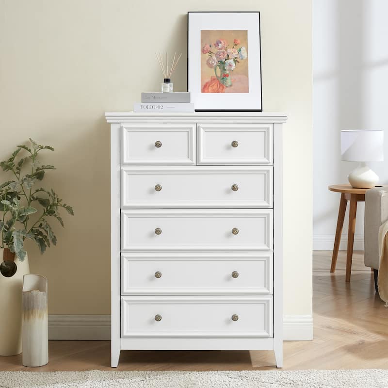 Crisp White 6-Drawer Dresser, Elegant Living Room Storage Solution