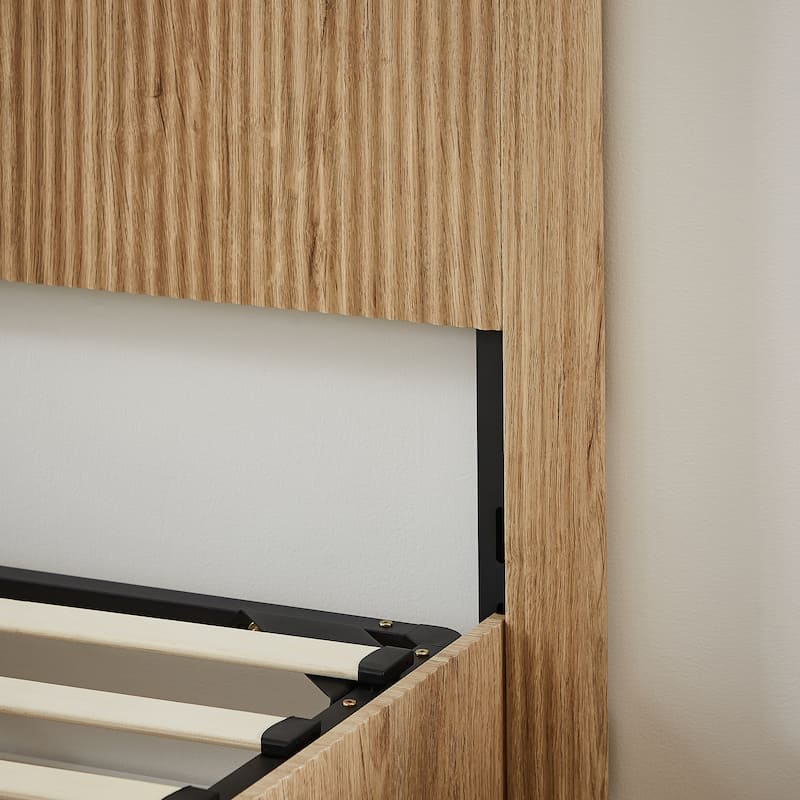 Platform Bed Lift Up Hydraulic Storage Bed Frame Wooden Corrugated Curved Lines Design Frame Wood Slat Metal Support Bed Frame