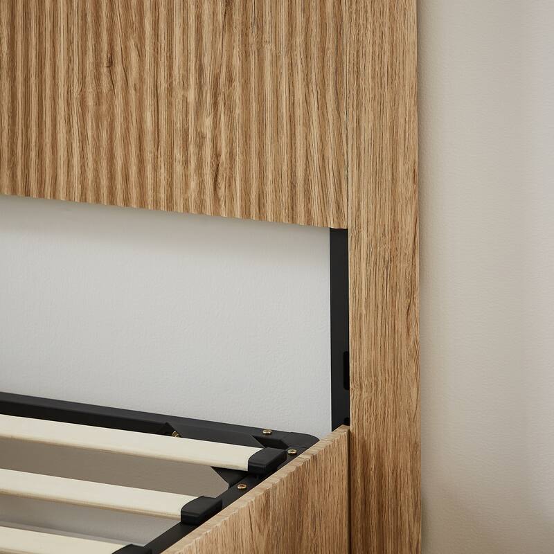 Queen Size Lift Up Storage Bed Frame, Wooden Corrugated Curved Lines, Hydraulic Storage/No Box Spring Needed