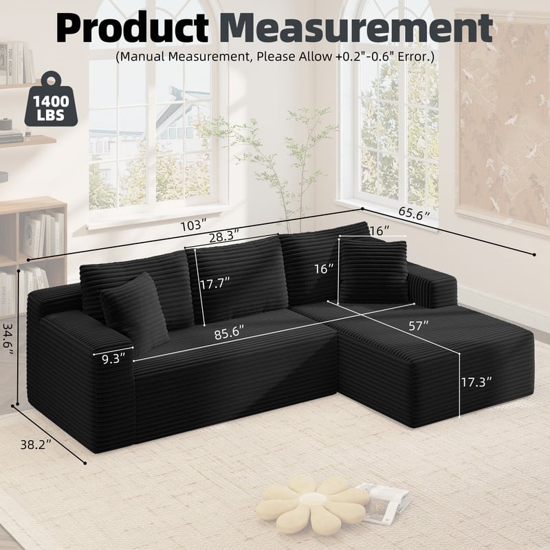 Rossetta L-Shaped Modular Cloud Corduroy Sectional Sofa with Deep Seat, Right Facing