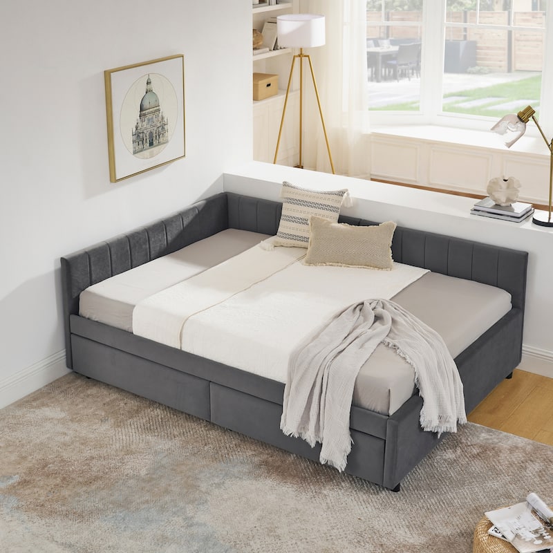 Full Size Upholstered Tufted Daybed, L Shaped Velvet Fabric Sofa Bed Frame with Two Drawers, Wooden Slats Support