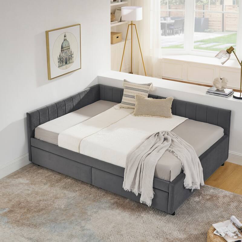 Full Size Velvet Upholstered Daybed with 2 Storage Drawers and Tufted Sofa Design and Comfortable Backrest