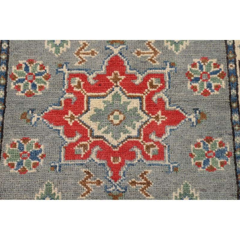 Gray Geometric Kazak Oriental Runner Rug Hand-Knotted Wool Carpet - 2'2" x 6'0"